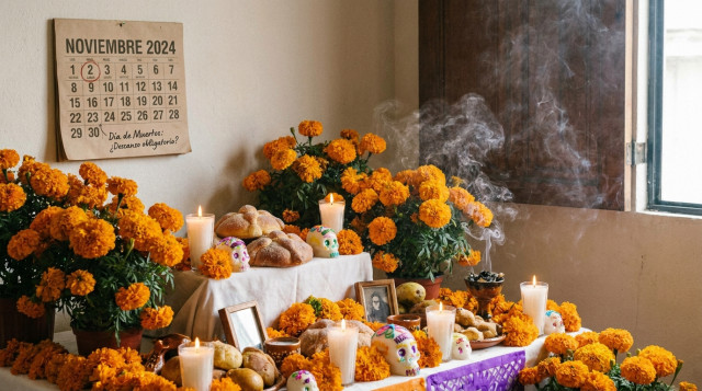 ofrenda tradicional del Día de Muertos 2 de noviembre con flores de cempasúchil, pan de muerto, veladoras y una hoja de calendario