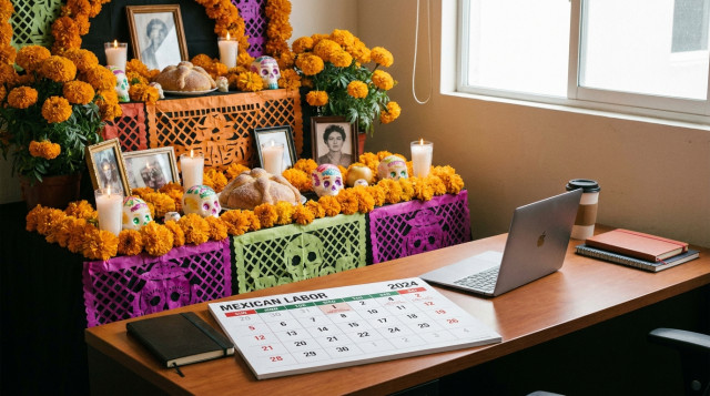 altar tradicional de Día de Muertos con flores de cempasúchil y un calendario laboral sobre un escritorio de trabajo
