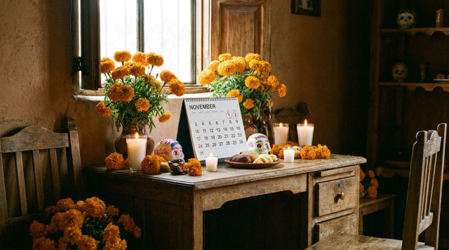 altar tradicional de Día de Muertos con cempasúchil y velas junto a un calendario de escritorio marcando los primeros días de noviembre