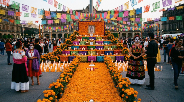 altar tradicional de Día de Muertos con flores de cempasúchil papel picado y veladoras en una plaza pública mexicana