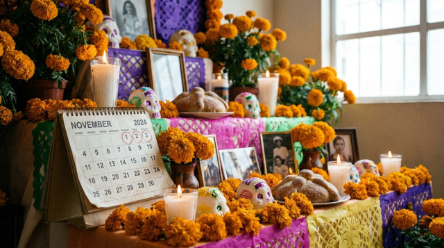 Ofrenda tradicional de Día de Muertos con flores de cempasúchil, velas y calaveritas junto a un calendario de escritorio