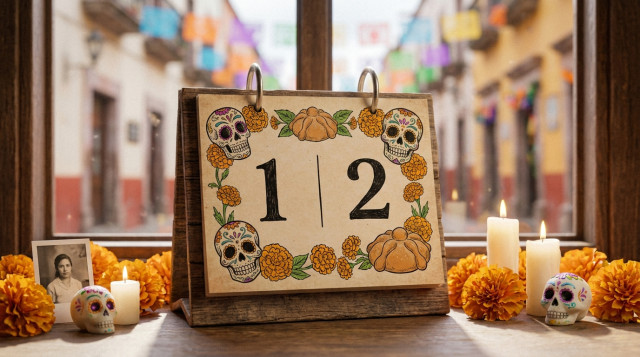 calendario de escritorio marcando los días 1 y 2 de noviembre con elementos alusivos al Día de Muertos