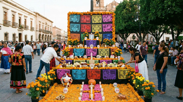 Altar tradicional de Día de Muertos decorado con flores de cempasúchil y papel picado en una plaza cívica mexicana