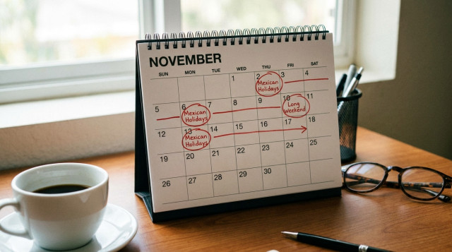 Calendario de escritorio abierto en el mes de noviembre con marcas en los días festivos de descanso y puentes oficiales