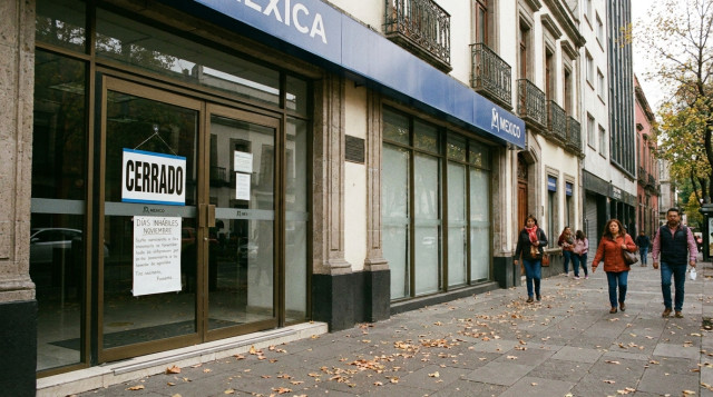Fachada de una sucursal bancaria en México con letrero de cerrado en día inhábil