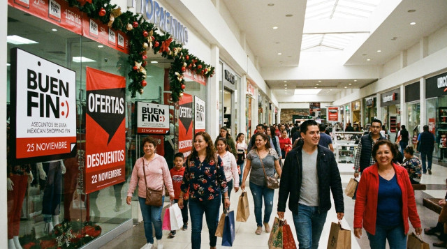 compradores caminando frente a vitrinas decoradas con letreros de ofertas de El Buen Fin en un centro comercial