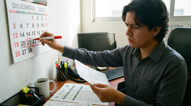 Persona revisando un recibo de nómina y marcando la fecha límite para el pago de aguinaldo en un calendario de oficina