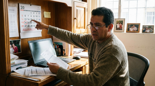 Trabajador revisando calendario y estado de cuenta bancario con la fecha límite para el pago del aguinaldo destacada