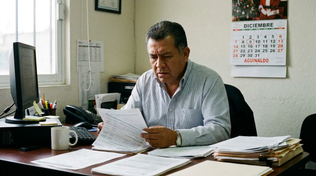 trabajador revisando estados de cuenta bancarios y calendario de pagos de aguinaldo en una oficina