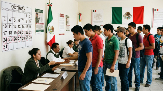 Módulo de atención para el trámite de la cartilla militar con jóvenes entregando documentos oficiales