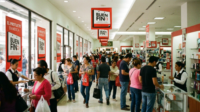 Tienda departamental mexicana con pasillos iluminados y carteles de promociones de El Buen Fin en escaparates comerciales