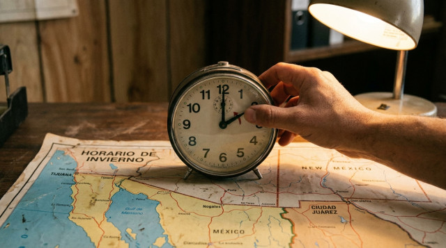 reloj analógico marcando las dos de la mañana junto a un mapa de la frontera norte de México con horario de invierno