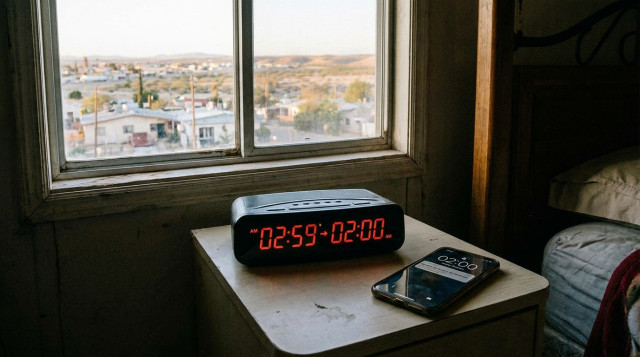 Reloj despertador digital y un teléfono móvil sobre una mesa de noche en una vivienda de la frontera norte de México marcando el cambio de hora de invierno
