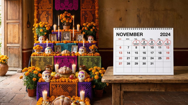 altar de muertos tradicional con flores de cempasúchil y un calendario de noviembre marcando las fechas clave