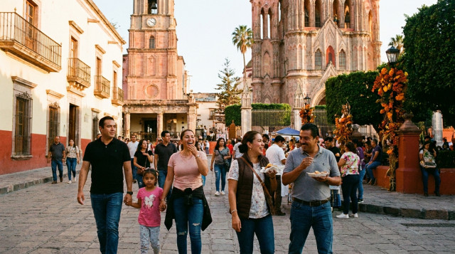 Turistas mexicanos disfrutando de una plaza colonial durante el megapuente de noviembre