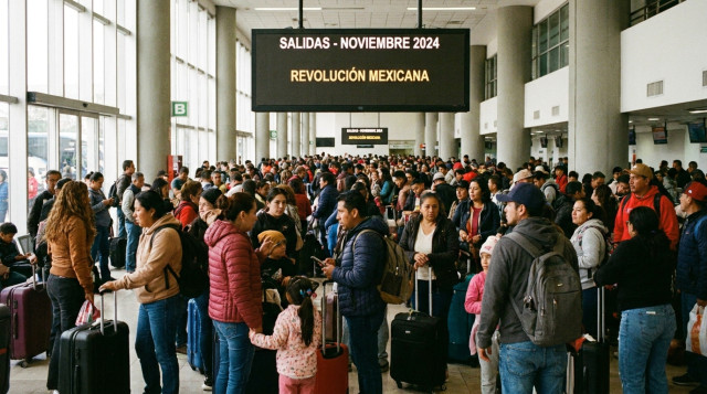 terminal de autobuses con pasajeros viajando durante el megapuente de noviembre por la Revolución Mexicana