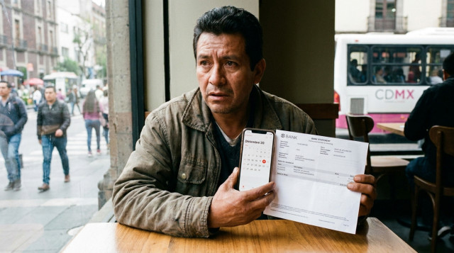 trabajador revisando un calendario en su teléfono móvil junto a un estado de cuenta bancario por concepto de pago de aguinaldo