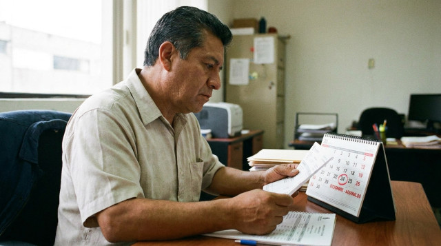 trabajador revisando un recibo de nómina y un calendario de escritorio con la fecha del pago de aguinaldo destacada