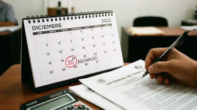 calendario de escritorio con la fecha limite del pago de aguinaldo destacada junto a documentos de la Ley Federal del Trabajo