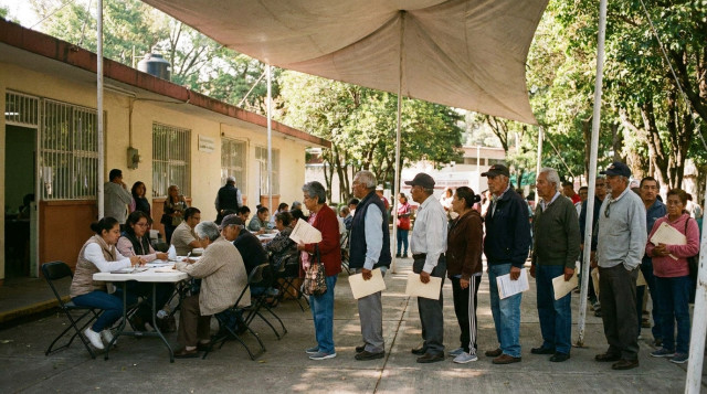 Módulo de registro de la Pensión Bienestar con personas mayores esperando su turno con documentos en mano en México