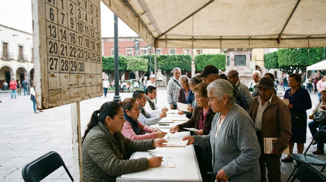 Módulo de registro de la Pensión Bienestar con adultos mayores entregando documentos en ventanilla