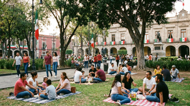 personas descansando en un parque de una ciudad mexicana durante el puente de la Revolucion Mexicana