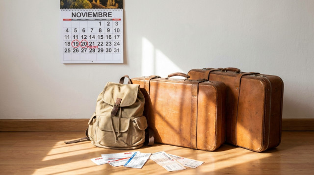 calendario de pared señalando las fechas del puente de noviembre con maletas de viaje y boletos de autobús