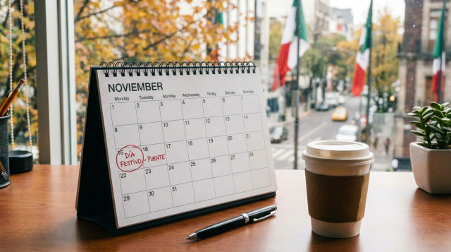 Calendario de escritorio abierto en el mes de noviembre con el lunes 16 marcado como día festivo oficial del puente de noviembre