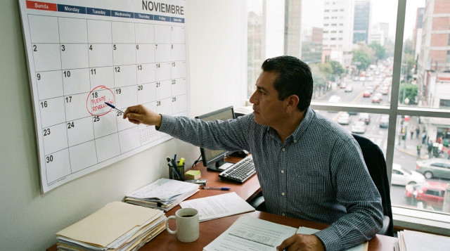 Trabajador en oficina revisando un calendario impreso que resalta el lunes de descanso del puente de noviembre