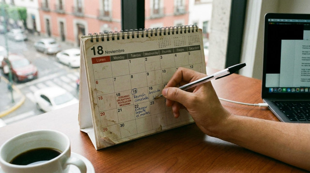 calendario de escritorio marcando el lunes de descanso obligatorio de noviembre con notas laborales