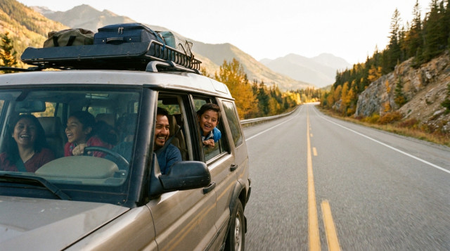 familia mexicana disfrutando de un viaje de descanso durante el puente de noviembre con maletas y carretera despejada