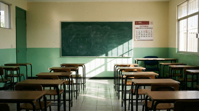 aula vacía de escuela primaria con pupitres ordenados durante la jornada de Consejo Técnico Escolar