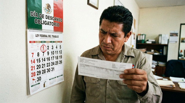 trabajador revisando su recibo de nómina junto a un calendario oficial en una oficina en México