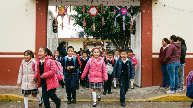 alumnos de primaria saliendo de la escuela al iniciar las vacaciones de invierno SEP, con adornos navideños en la entrada