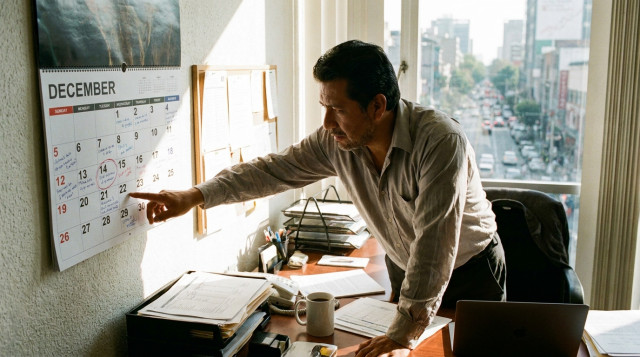 trabajador revisando el calendario de diciembre para programar sus vacaciones pendientes