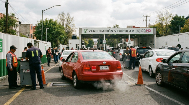 automóvil ingresando a una línea de prueba de emisiones en un verificentro de la Ciudad de México