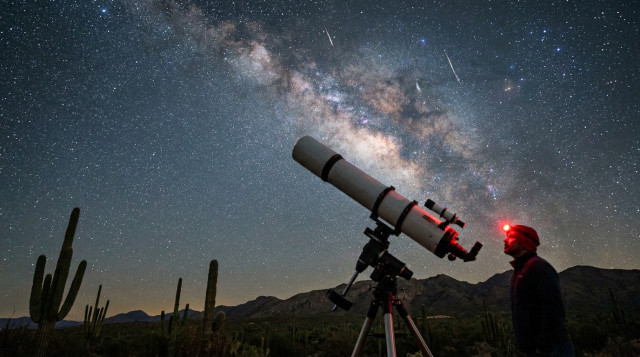 Un telescopio apuntando hacia el cielo estrellado durante la lluvia de estrellas Delta Acuáridas en un paisaje despejado de México