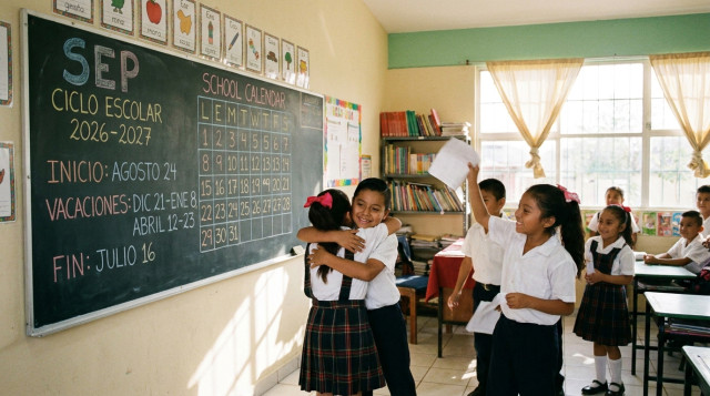 Un aula de clases de primaria en México con un pizarrón que muestra las fechas del calendario escolar SEP y niños sonriendo al finalizar el ciclo escolar