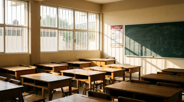 Un aula de escuela primaria en México vacía y soleada con pupitres ordenados al finalizar el ciclo escolar de la SEP