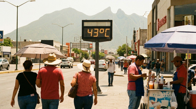 Termómetro digital en una calle de Monterrey marcando más de 40 grados Celsius bajo un sol intenso durante la canícula en México