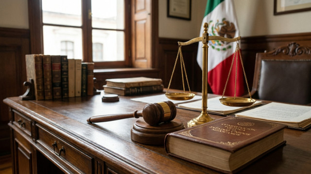 Una balanza de la justicia dorada sobre un mazo de madera de juez y la Constitución Política de los Estados Unidos Mexicanos en un escritorio de madera de una oficina jurídica, est