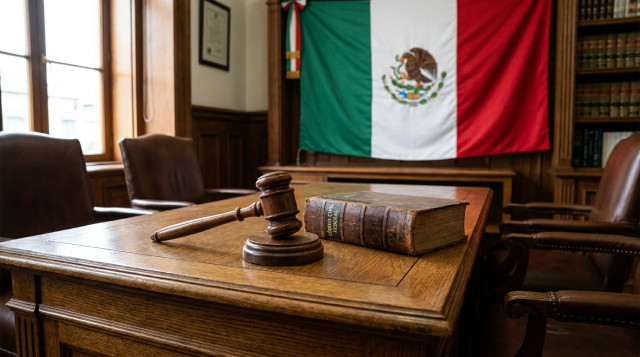 Un mazo de madera de juez sobre un escritorio de oficina junto a un libro de leyes y la bandera de México de fondo, representando la justicia y el Día del Abogado en México