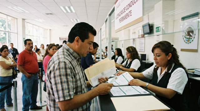 Módulo de atención ciudadana en México donde un usuario realiza el trámite de la licencia de conducir permanente con documentos en mano