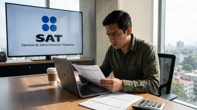 Persona analizando estados de cuenta bancarios en una computadora portátil con el logotipo del SAT de fondo