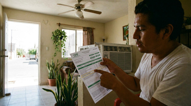 Persona revisando un recibo de luz de la CFE frente a un aire acondicionado encendido en una casa de México para ilustrar el subsidio de luz CFE