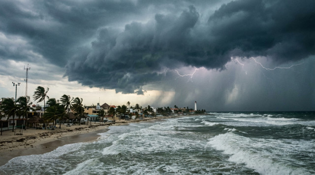 Vista panorámica de nubes de tormenta densas y oscuras aproximándose a la costa del Golfo de México con oleaje elevado