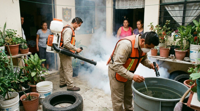 Brigadistas de la Secretaría de Salud realizando labores de fumigación y control de larvas en un patio doméstico para prevenir el dengue en México