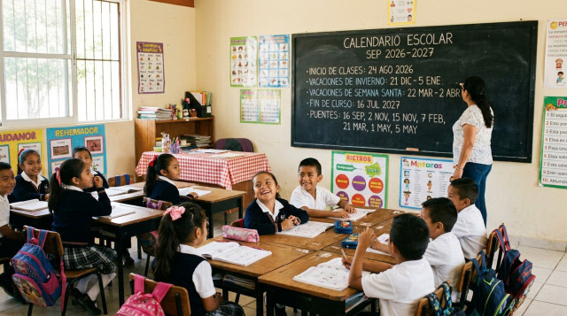 Un aula de clases de primaria en México con niños sonrientes sentados en sus pupitres prestando atención al pizarrón donde se detalla el calendario escolar SEP 2026-2027