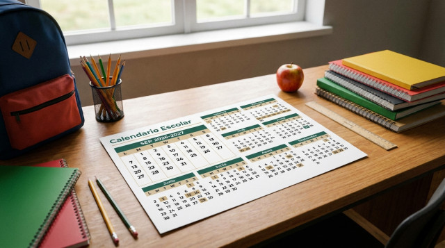 Calendario Escolar SEP 2026-2027 impreso sobre un escritorio con tiles escolares de fondo