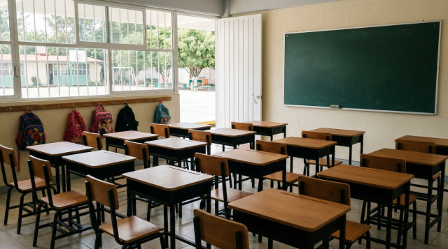 Un aula de clases de primaria en México con pupitres ordenados, un pizarrón limpio y luz natural entrando por la ventana, representando el inicio del ciclo escolar SEP 2026-2027